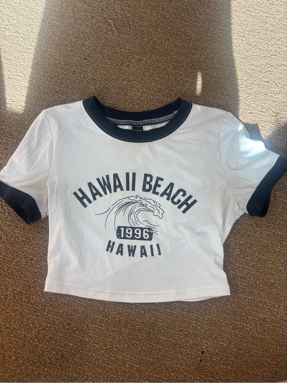 SHEIN White Crop Top with Navy Trim and Hawaii Beach Graphic